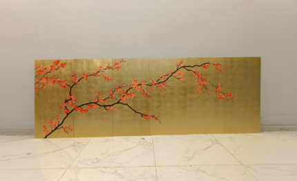 Gold red branch wall art screen with three-panel oriental floral decor