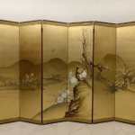 Gold scenic folding screen room divider with six-panel oriental landscape art