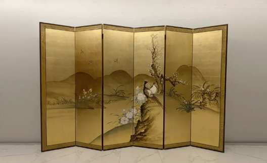 Gold Scenic Folding Screen Room Divider - Six-Panel Oriental Landscape Screen Gold scenic folding screen room divider with six-panel oriental landscape art