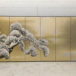 Gold snow pine folding screen room divider with six-panel Asian landscape art
