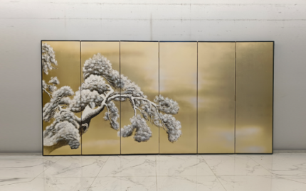 Gold snow pine folding screen room divider with six-panel Asian landscape art