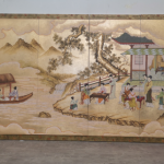 Gold story landscape wall art screen with four-panel oriental figure scene