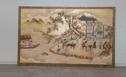Gold story landscape wall art screen with four-panel oriental figure scene