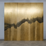Gold wave abstract folding screen room divider with four-panel modern ink art