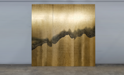 Gold wave abstract folding screen room divider with four-panel modern ink art