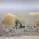 Gold wave landscape folding screen room divider with six-panel Asian art