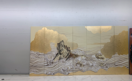 Gold wave landscape folding screen room divider with six-panel Asian art