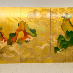 Gold wave mountain wall art screen with four-panel color landscape design