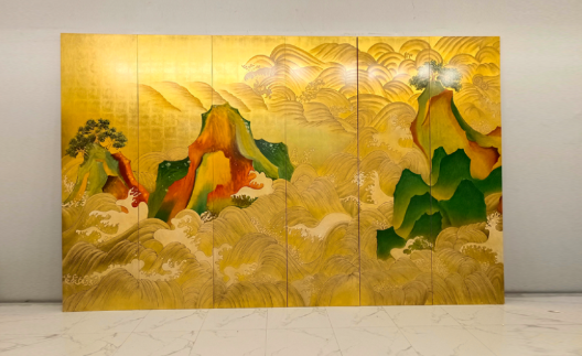 Gold Wave Mountain Wall Art Screen - Four-Panel Color Landscape Screen Gold wave mountain wall art screen with four-panel color landscape design