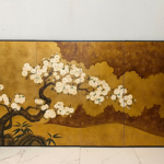 Gold white blossom wall art screen with four-panel oriental floral decor