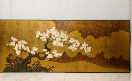 Gold white blossom wall art screen with four-panel oriental floral decor