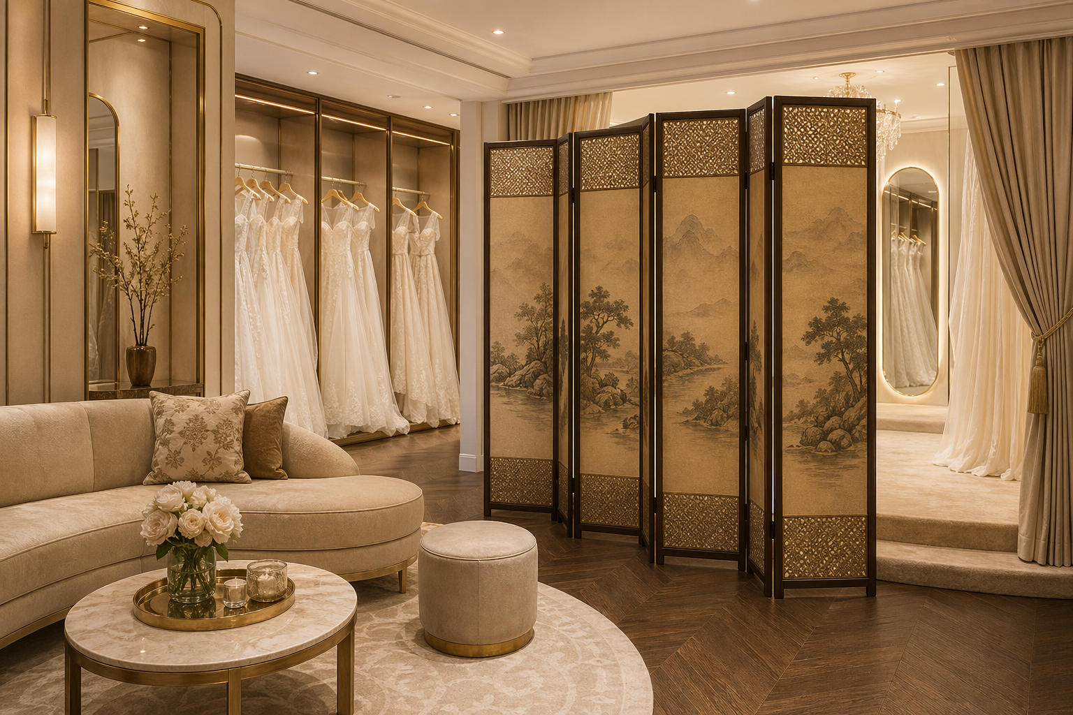 Couture bridal fitting lounge with a decorative screen creating a soft private fitting area