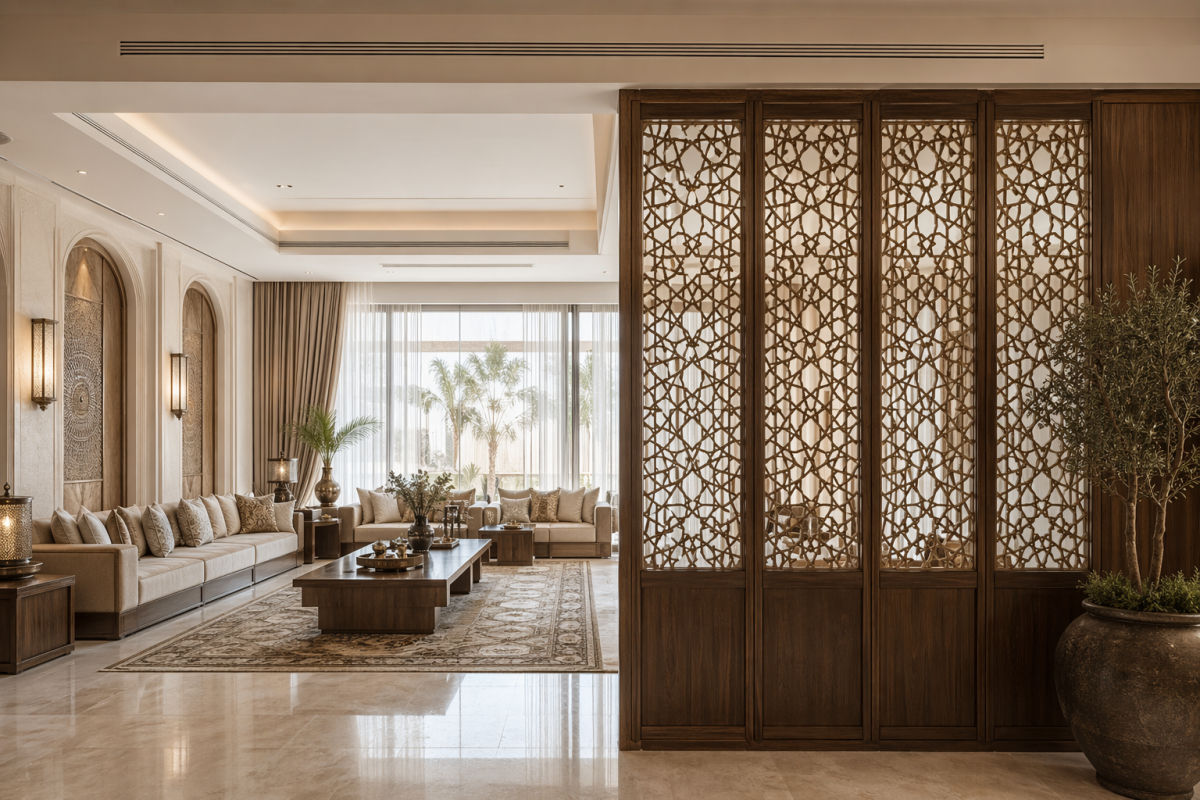 Open majlis lounge with a decorative screen balancing privacy and light
