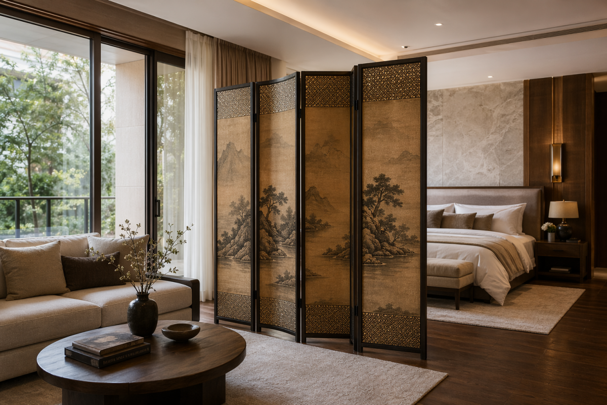 Master suite sitting area with an oriental folding screen between lounge and bedroom zones