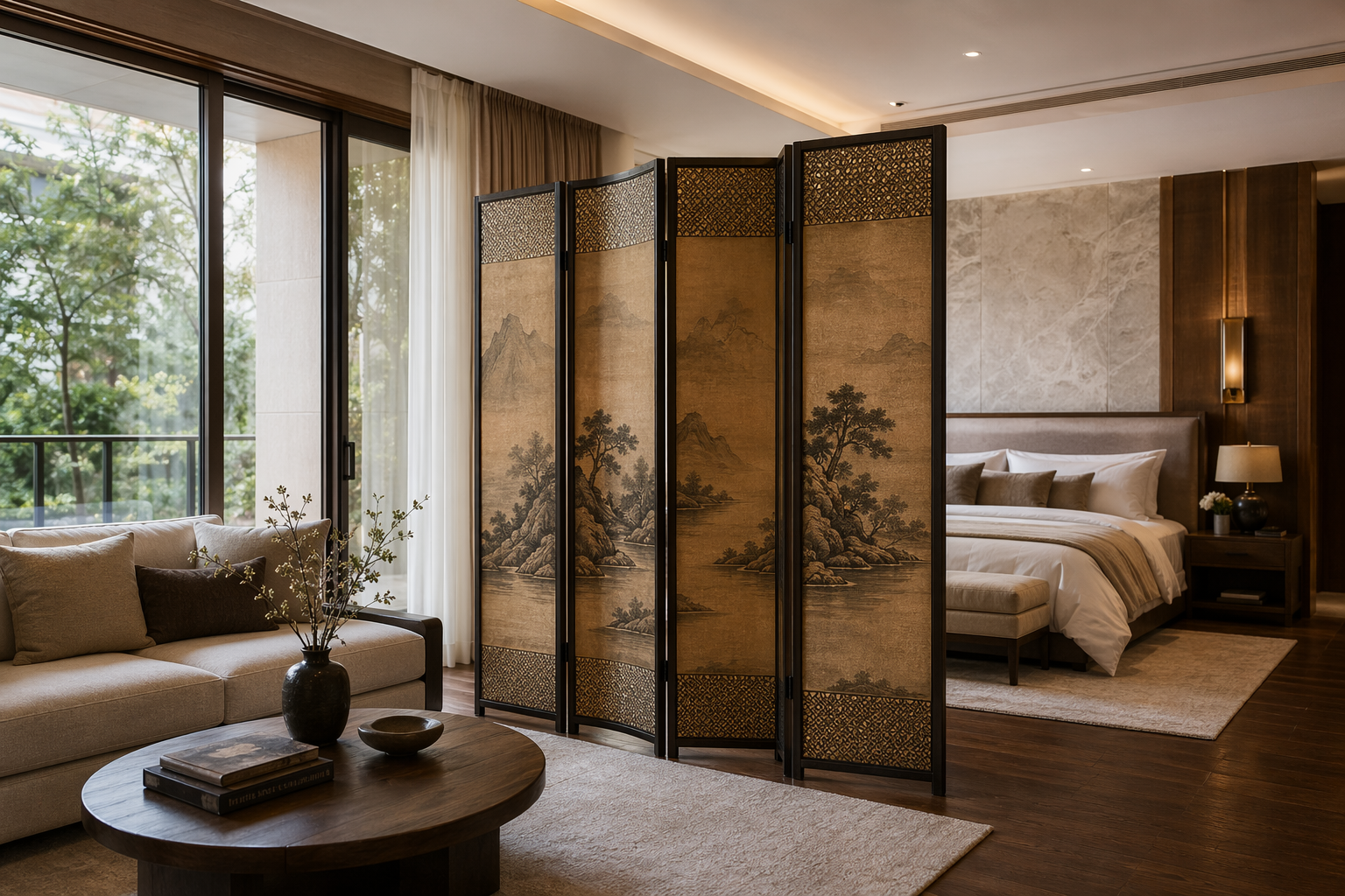 Master suite sitting area with an oriental folding screen between lounge and bedroom zones