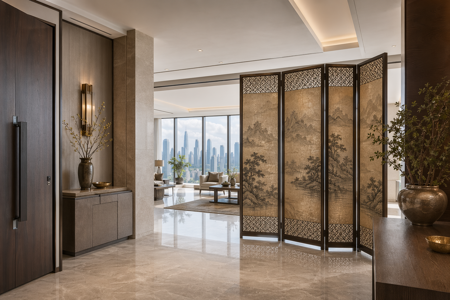 Luxury penthouse foyer with a decorative oriental screen adding privacy without blocking daylight
