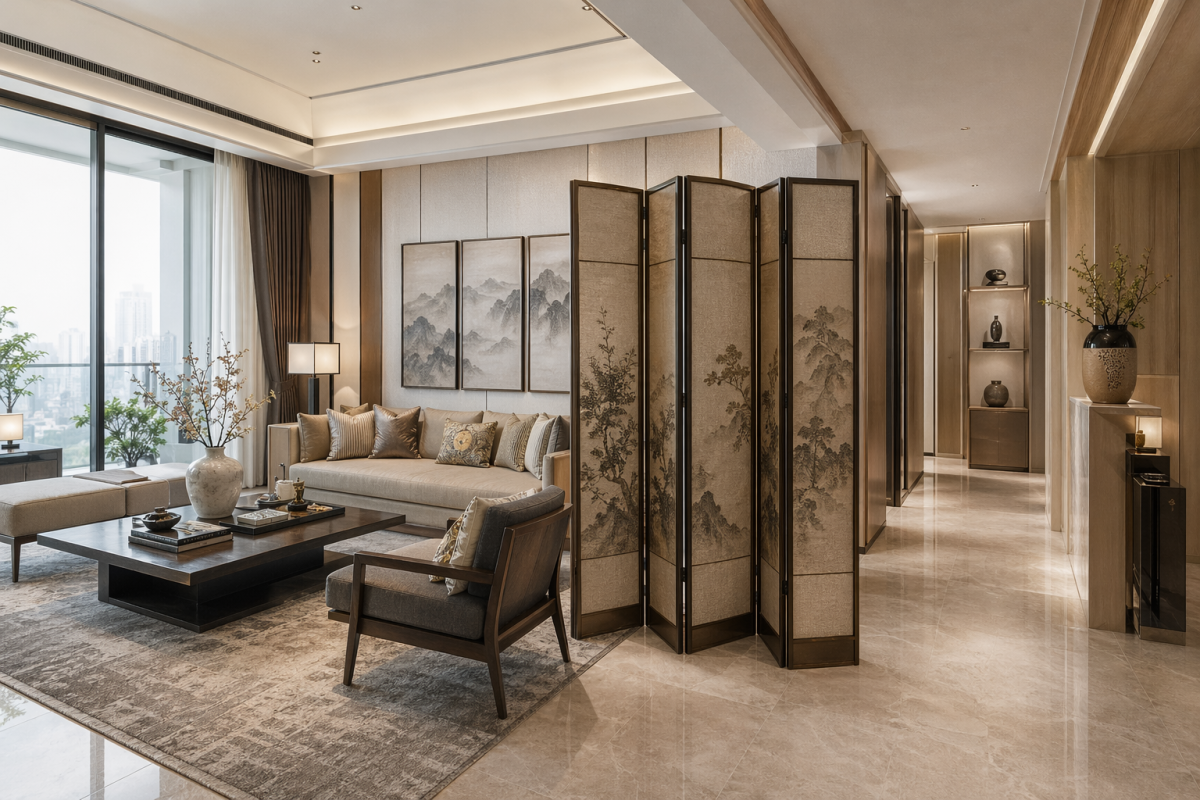 Luxury show flat interior with a decorative oriental screen dividing the living area