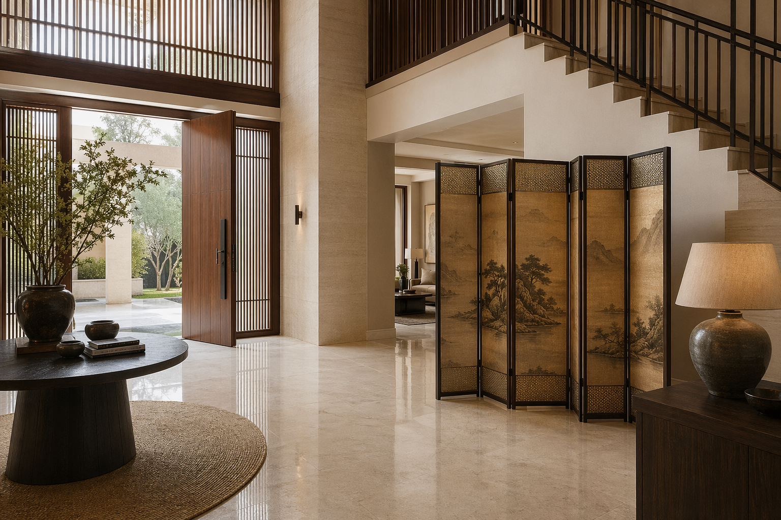 Luxury villa foyer with an oriental screen used for privacy and layered arrival