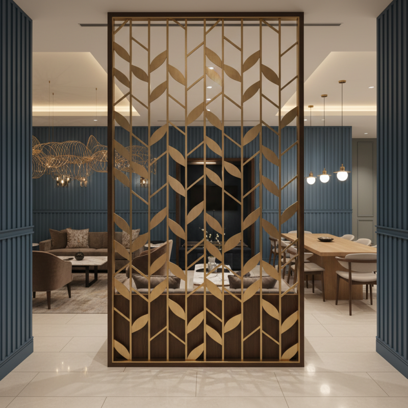 An elegant custom room divider in a high-end boutique hotel lounge.
