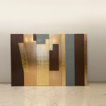 Modern geometric folding screen room divider with gold and brown abstract panel design