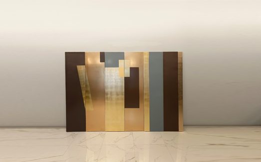 Modern Geometric Folding Screen Room Divider - Gold and Brown Abstract Panel Screen Modern geometric folding screen room divider with gold and brown abstract panel design