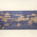 Navy palace cloud art screen with three panels for decorative privacy and oriental architectural interiors