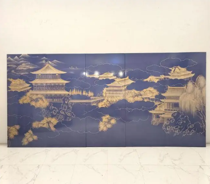 Navy Palace Cloud Art Screen - Three Panels Navy palace cloud art screen with three panels for decorative privacy and oriental architectural interiors
