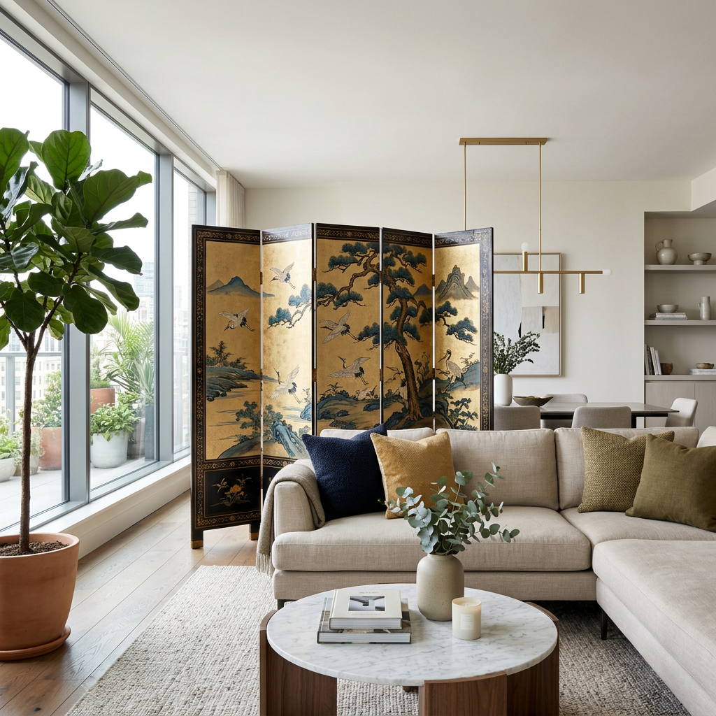 A hand-painted folding screen used as a room divider in a modern open-plan living room