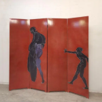 Red figure folding screen room divider with four-panel modern art silhouettes