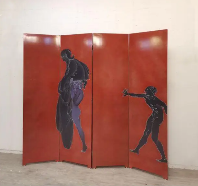 Red Figure Folding Screen Room Divider - Four-Panel Modern Art Screen Red figure folding screen room divider with four-panel modern art silhouettes