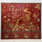 Red floral bird screen with four panels for warm living rooms, reception spaces, and oriental botanical interiors