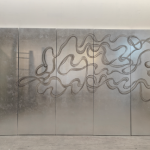 Silver abstract line folding screen room divider with five-panel modern Asian design