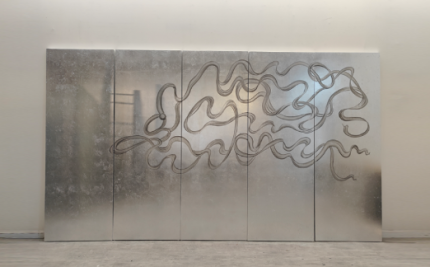 Silver abstract line folding screen room divider with five-panel modern Asian design