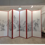 Silver bamboo branch folding screen room divider with six-panel oriental botanical art