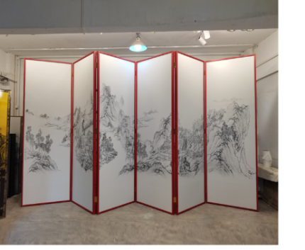 Silver bamboo branch folding screen room divider with six-panel oriental botanical art