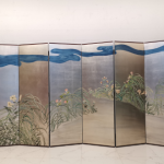 Silver blue wave floral folding screen room divider with six-panel modern Asian design