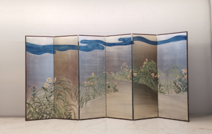 Silver blue wave floral folding screen room divider with six-panel modern Asian design