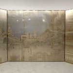 Silver city skyline folding screen room divider with three-panel modern urban art