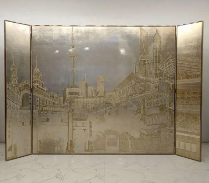 Silver city skyline folding screen room divider with three-panel modern urban art