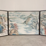 Silver color wave landscape wall art screen with four-panel modern scenic design