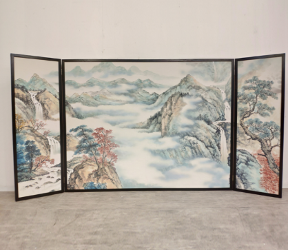 Silver color wave landscape wall art screen with four-panel modern scenic design