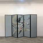Silver dragon folding screen room divider with four-panel modern Asian art