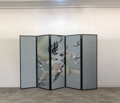 Silver dragon folding screen room divider with four-panel modern Asian art