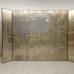 Silver gold landscape folding screen room divider with six-panel ink wash art
