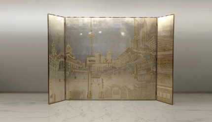 Silver gold landscape folding screen room divider with six-panel ink wash art