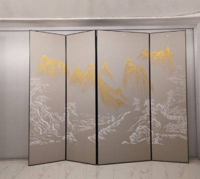 Silver gold mist landscape folding screen room divider with five-panel Asian art