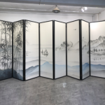 Silver ink landscape folding screen room divider with four-panel Asian art