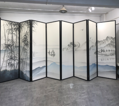 Silver ink landscape folding screen room divider with four-panel Asian art
