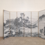 Silver ink mountain folding screen room divider with six-panel landscape art