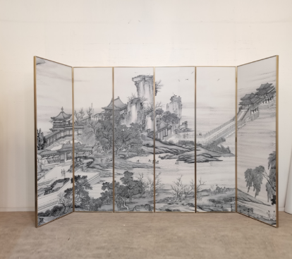 Silver ink mountain folding screen room divider with six-panel landscape art